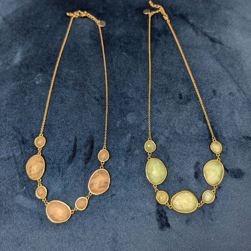 2 Talbots Semi-Precious Stones Necklaces Gold Chain & Pastel Gem Pink Green